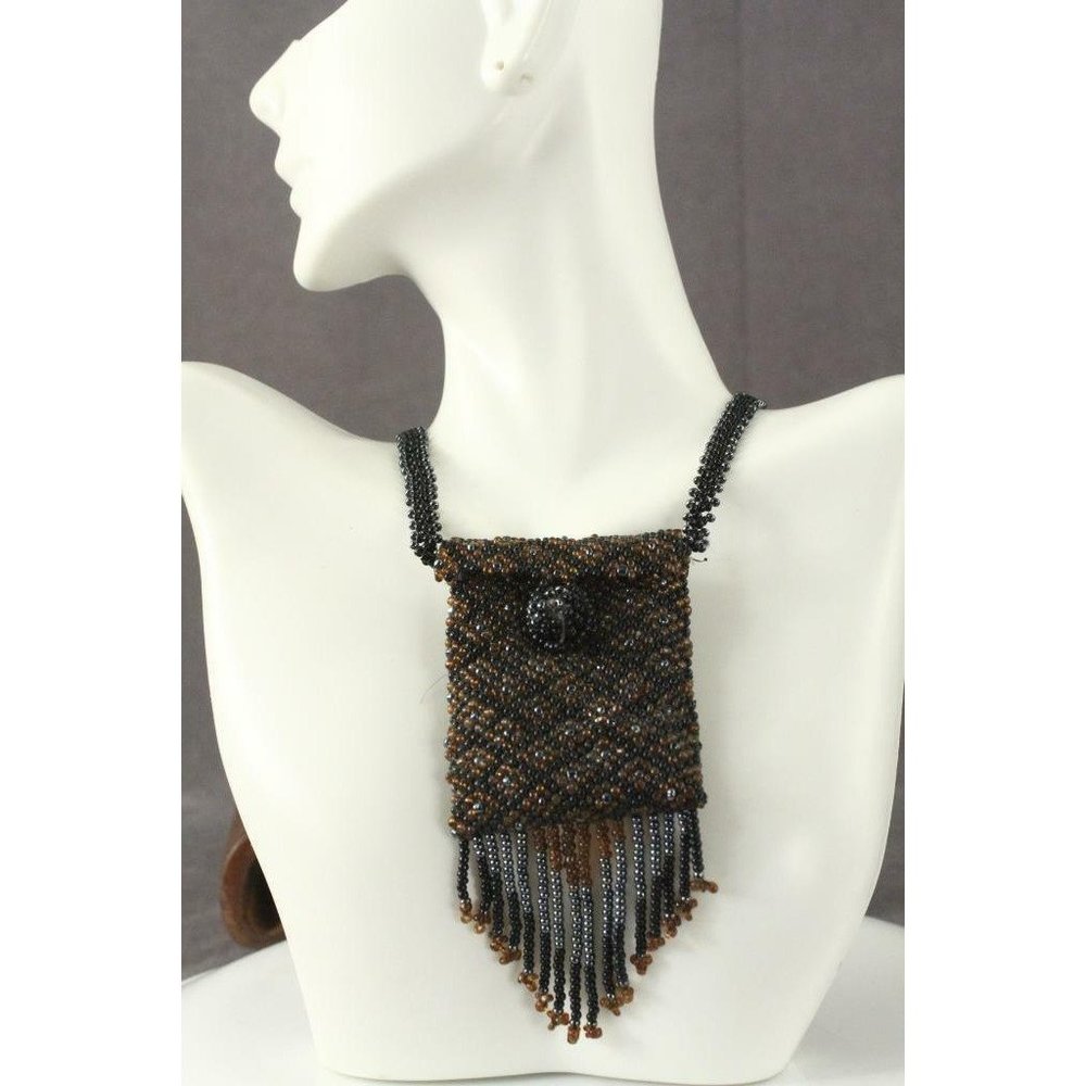 Artisan Jewelry Beaded WICCA Amulet Bag Black & Brown Necklace Liz Schwartz